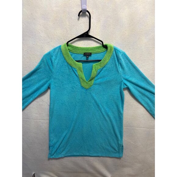 Talbots Womens XS Blue & Green Terrycloth V-Neck Long Sleeve Top - Picture 1 of 11
